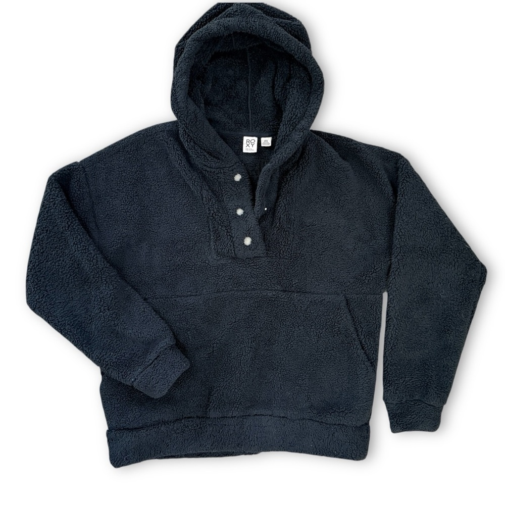 ROXY Black Sherpa Fleece Hoodie Pullover Snap Neck Cozy Womens Small